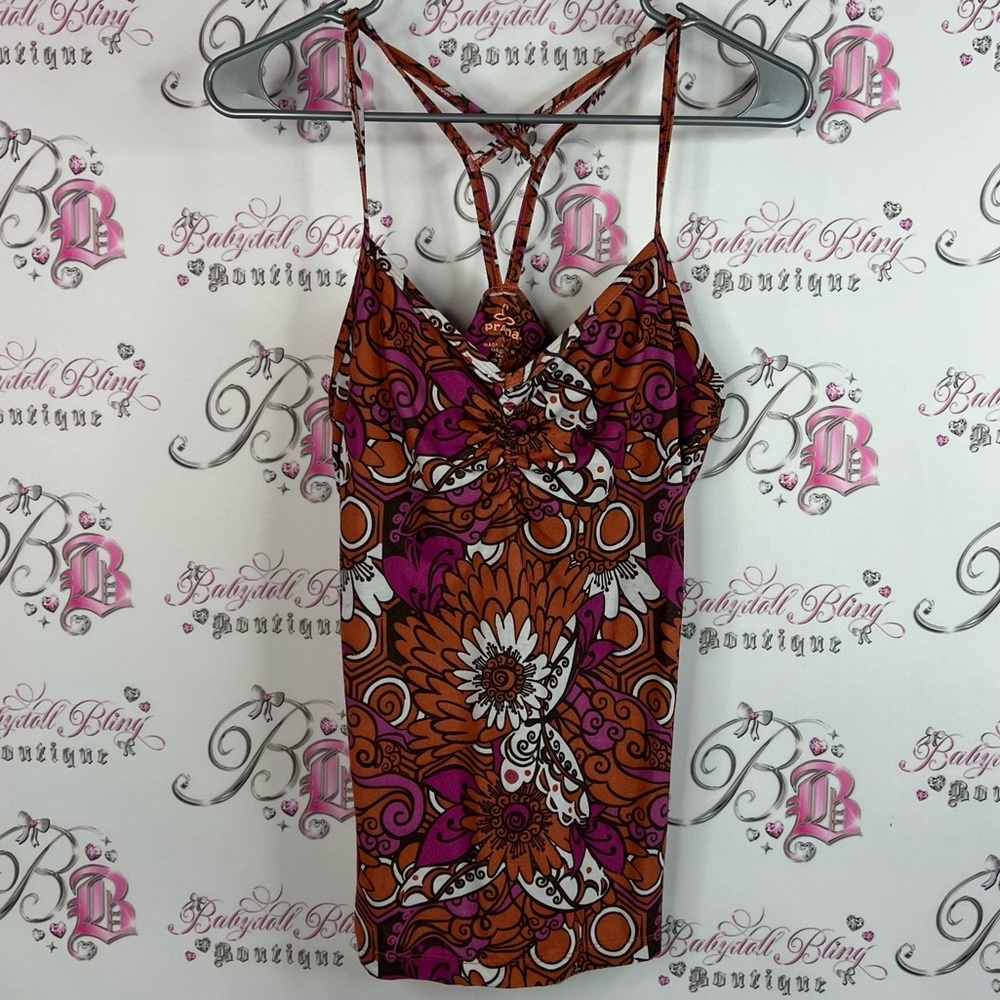Prana tank top bustier style strappy criss cross Multicolor floral Color block